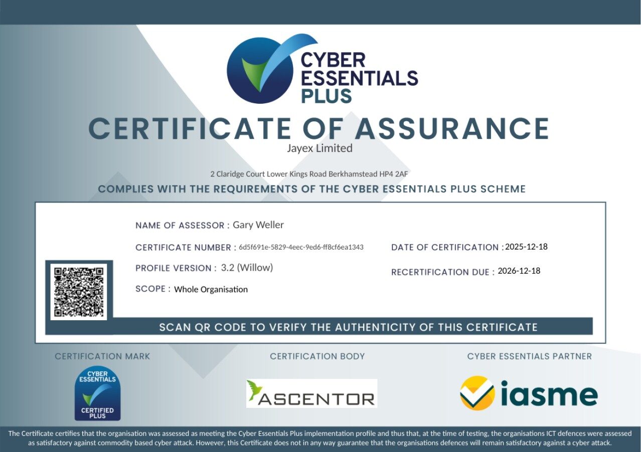 Cyber Essentials Plus certificate of assurance issued to Jayex Limited, assessed by Ascentor and certified by IASME.