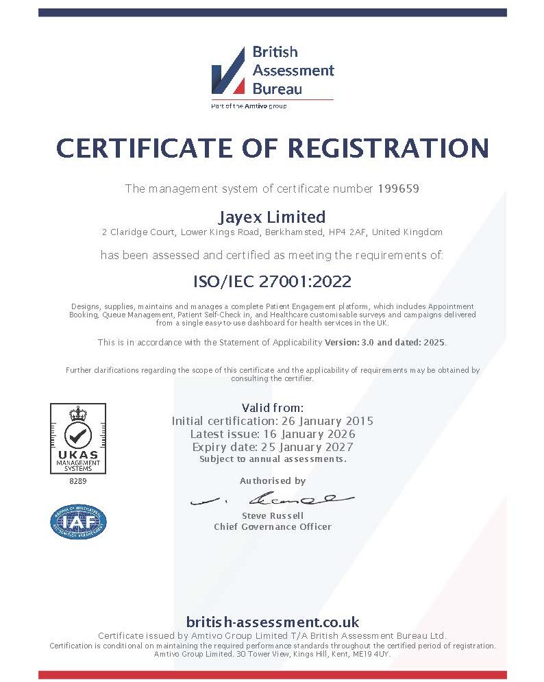 ISO/IEC 27001:2022 certificate of registration issued to Jayex Limited by the British Assessment Bureau, certificate number 199659.