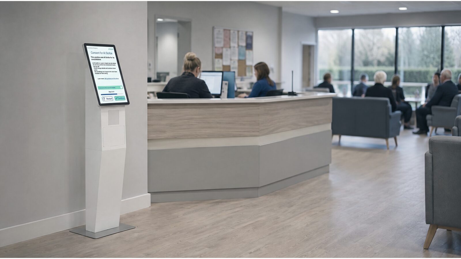 Illustration of a GP surgery reception and waiting area mid-morning, with a check-in kiosk in the foreground